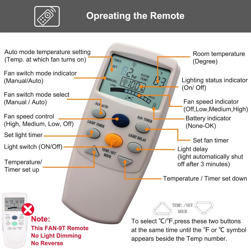 CENMING Replacement Remote for Hampton Bay Thermostatic Ceiling Fan Remote Control FAN-9T L3HFAN-9T,with Fan Timer Key 3-Speed LCD Display Temp 303.9MHz,No Light Dimmer,No Reverse (Remote Only) - Image 4